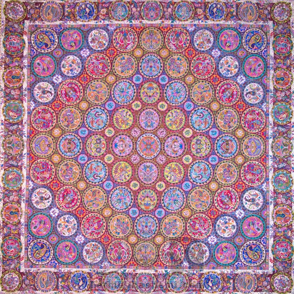 رومیزی ترمه طرح هفت خوان - مربع ‍۱۰۰×۱۰۰ سانتی متر - رنگ زرشکی تار مشکی