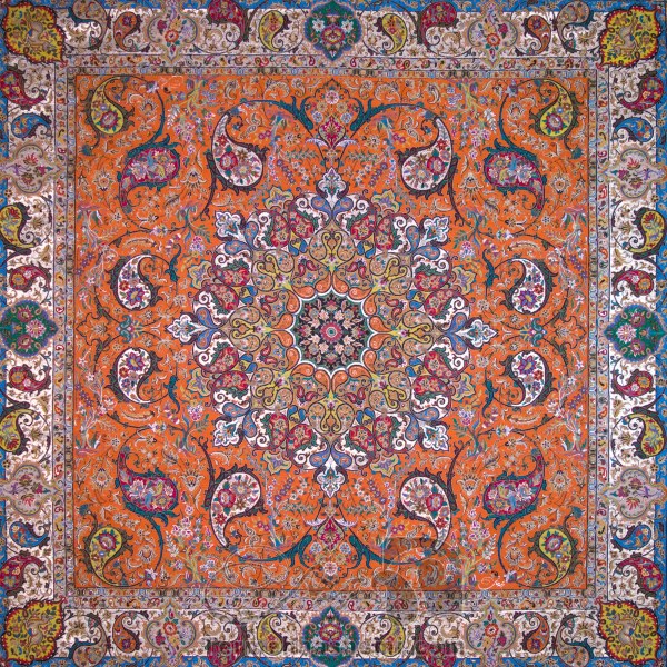 رومیزی ترمه طرح شهریار - مربع 100×100 سانتی متر - رنگ نارنجی تار مشکی