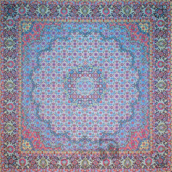 رومیزی ترمه طرح گل ماهی - مربع ‍۱۰۰×۱۰۰ سانتی متر - رنگ فیروزه ای تار مشکی