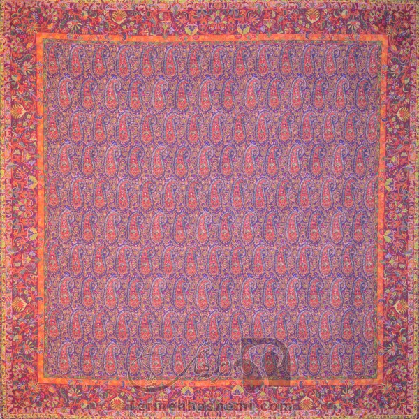 رومیزی ترمه طرح یاقوت سنتی - مربع ‍۱۰۰×۱۰۰ سانتی متر - رنگ فیروزه ای تار مشکی