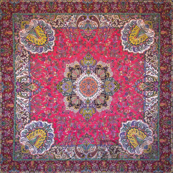 رومیزی ترمه طرح طاووس - مربع 100×100 سانتی متر - رنگ قرمز تار مشکی